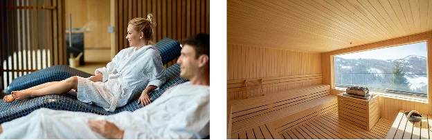 Een vrouw en een man in witte badjassen ontspannen op betegelde ligstoelen in een spa, glimlachend en genietend van de serene sfeer. De setting is modern en rustig.
